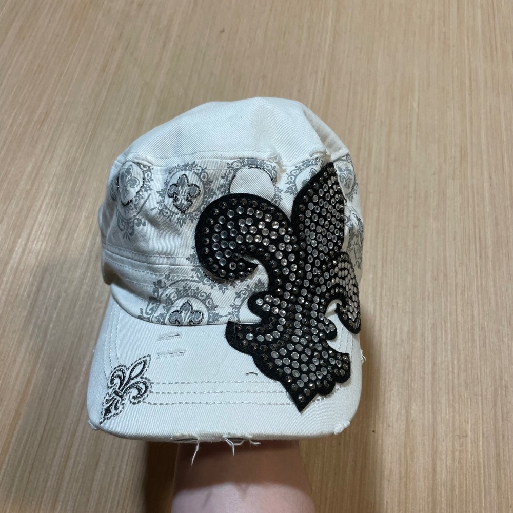 Unbranded Fleur De Lis Cadet Hat Womens Rhinestone Distressed White Military Cap